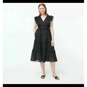 J. Crew Ruffle Sleeve Voile Dress Women's S Black 100% Cotton V-Neck A-Line